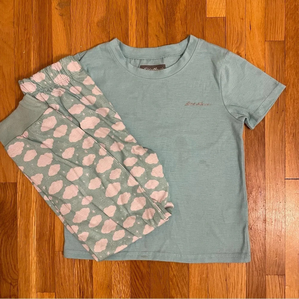4/$25 Eddie Bauer 2 Piece Pajama Set Girls Small 7/8 Blue White Clouds - Picture 2 of 14